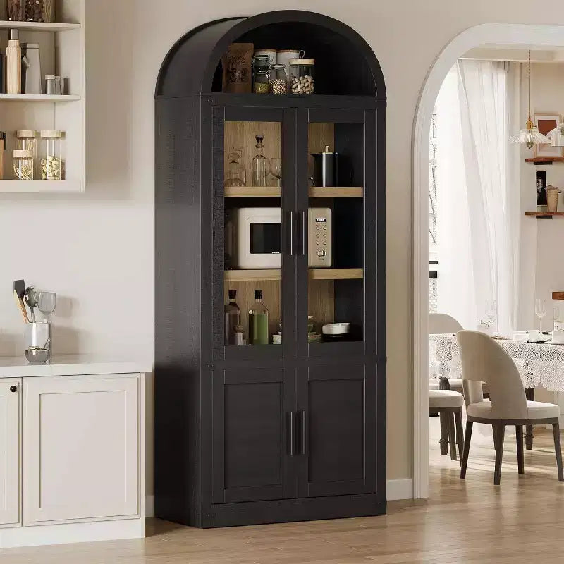 Arched 6-Tier Bookcase with Glass Doors, Farmhouse Wood Display Cabinet, 72"