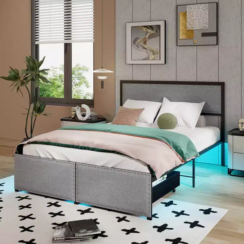 Full Size Platform Bed Frame with LED Lights & 2 Storage Drawers, Gray