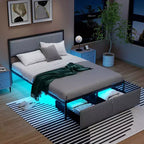 Full Size Platform Bed Frame with LED Lights & 2 Storage Drawers, Gray