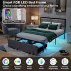 Full Size Platform Bed Frame with LED Lights & 2 Storage Drawers, Gray