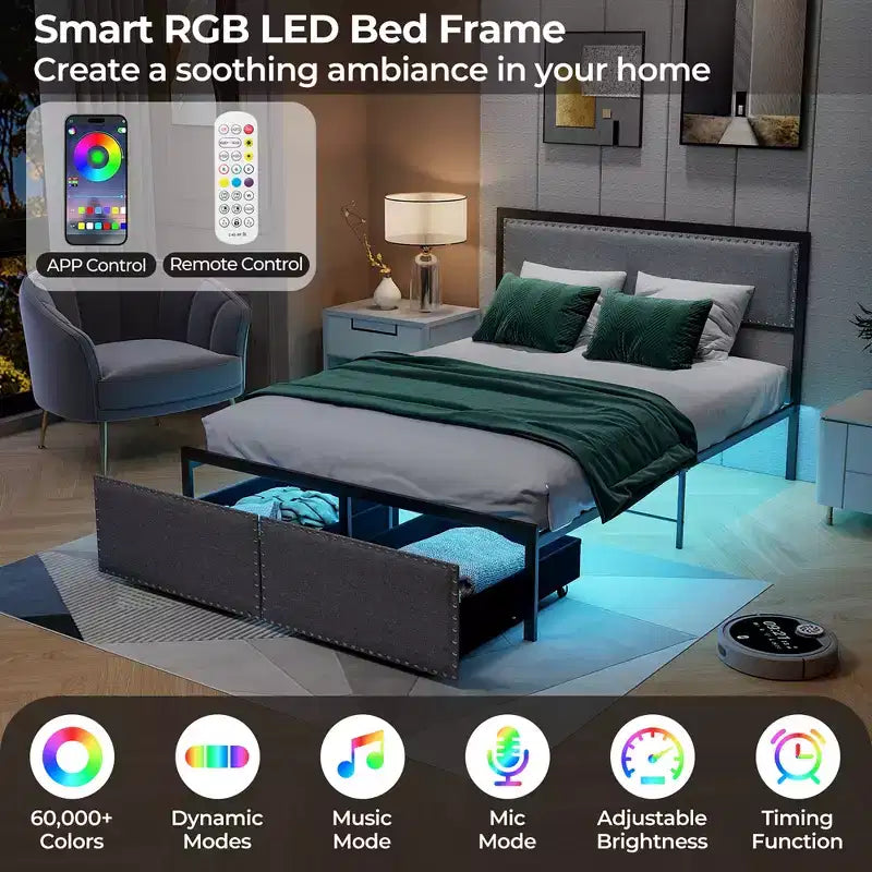 Full Size Platform Bed Frame with LED Lights & 2 Storage Drawers, Gray