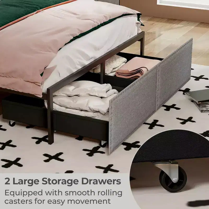 Full Size Platform Bed Frame with LED Lights & 2 Storage Drawers, Gray