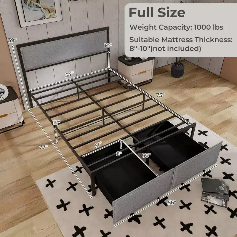 Full Size Platform Bed Frame with LED Lights & 2 Storage Drawers, Gray