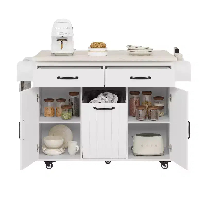 Isola cucina su ruote con spazio porta sacchetto della spazzatura, piano ribaltabile e ripiano regolabile