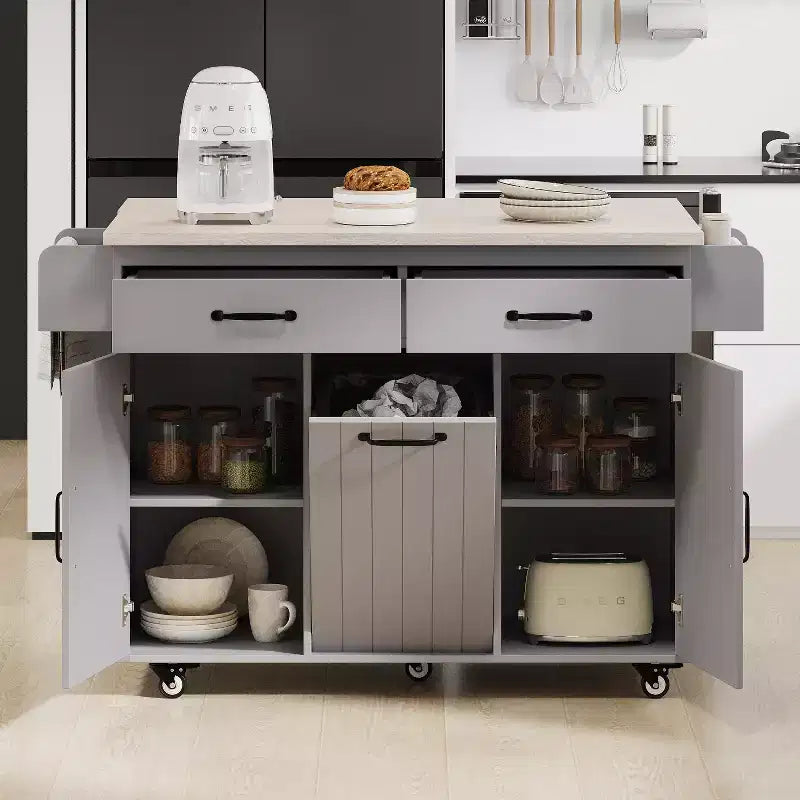 Isola cucina su ruote con spazio porta sacchetto della spazzatura, piano ribaltabile e ripiano regolabile