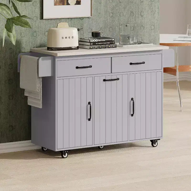 Isola cucina su ruote con spazio porta sacchetto della spazzatura, piano ribaltabile e ripiano regolabile