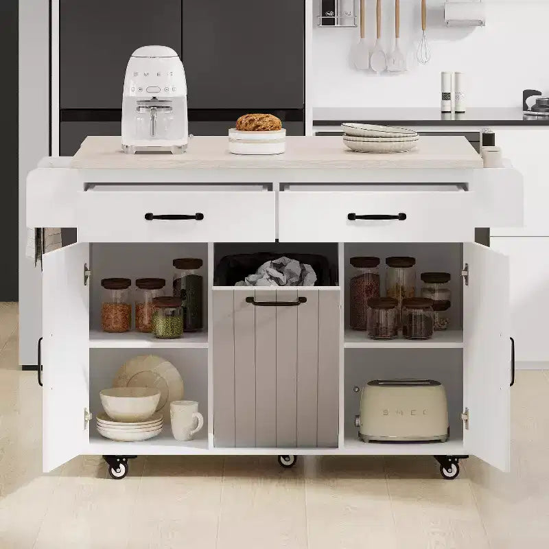 Rolling Kitchen Island with Trash Can Storage, Drop Leaf & Adjustable Shelf