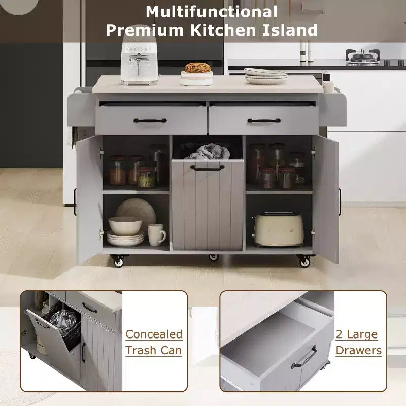 Isola cucina su ruote con spazio porta sacchetto della spazzatura, piano ribaltabile e ripiano regolabile