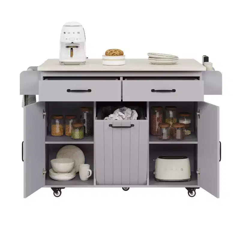 Isola cucina su ruote con spazio porta sacchetto della spazzatura, piano ribaltabile e ripiano regolabile