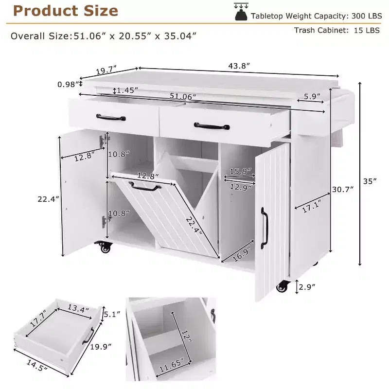 Rolling Kitchen Island with Trash Can Storage, Drop Leaf & Adjustable Shelf