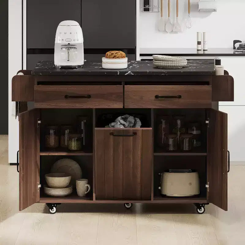 Isola cucina su ruote con spazio porta sacchetto della spazzatura, piano ribaltabile e ripiano regolabile
