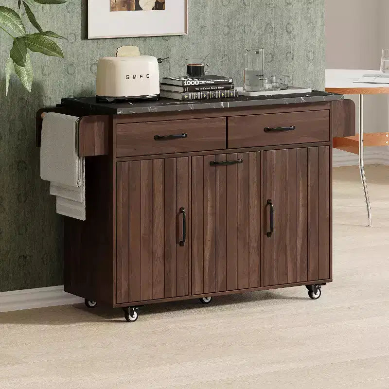 Isola cucina su ruote con spazio porta sacchetto della spazzatura, piano ribaltabile e ripiano regolabile