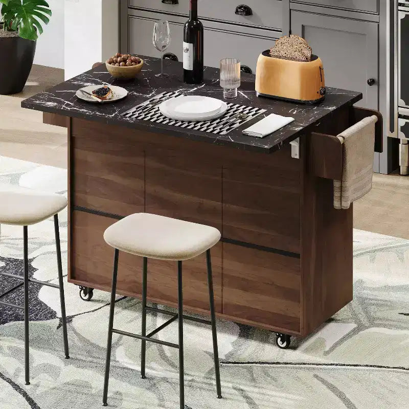 Isola cucina su ruote con spazio porta sacchetto della spazzatura, piano ribaltabile e ripiano regolabile