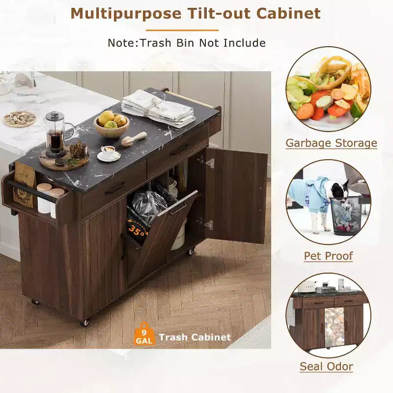 Isola cucina su ruote con spazio porta sacchetto della spazzatura, piano ribaltabile e ripiano regolabile