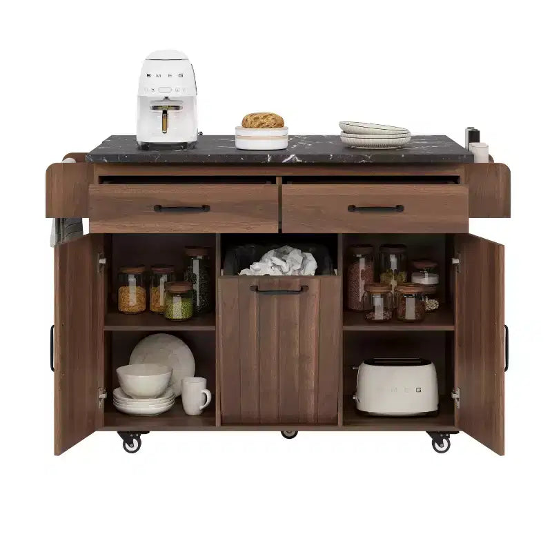 Isola cucina su ruote con spazio porta sacchetto della spazzatura, piano ribaltabile e ripiano regolabile