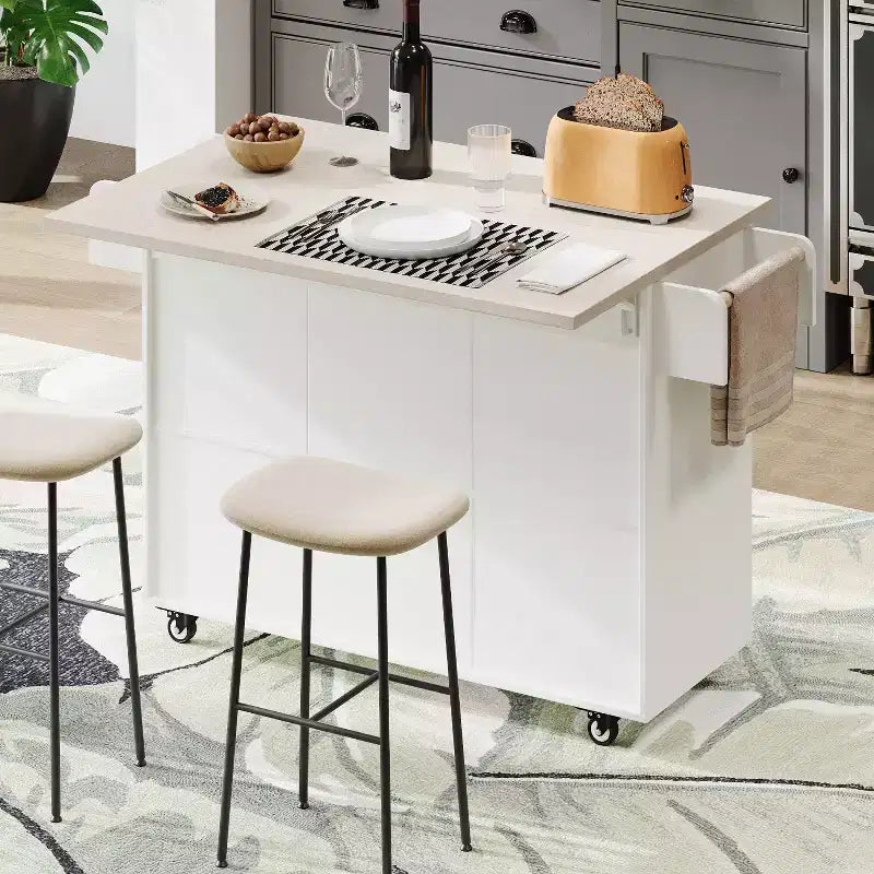 Isola cucina su ruote con spazio porta sacchetto della spazzatura, piano ribaltabile e ripiano regolabile