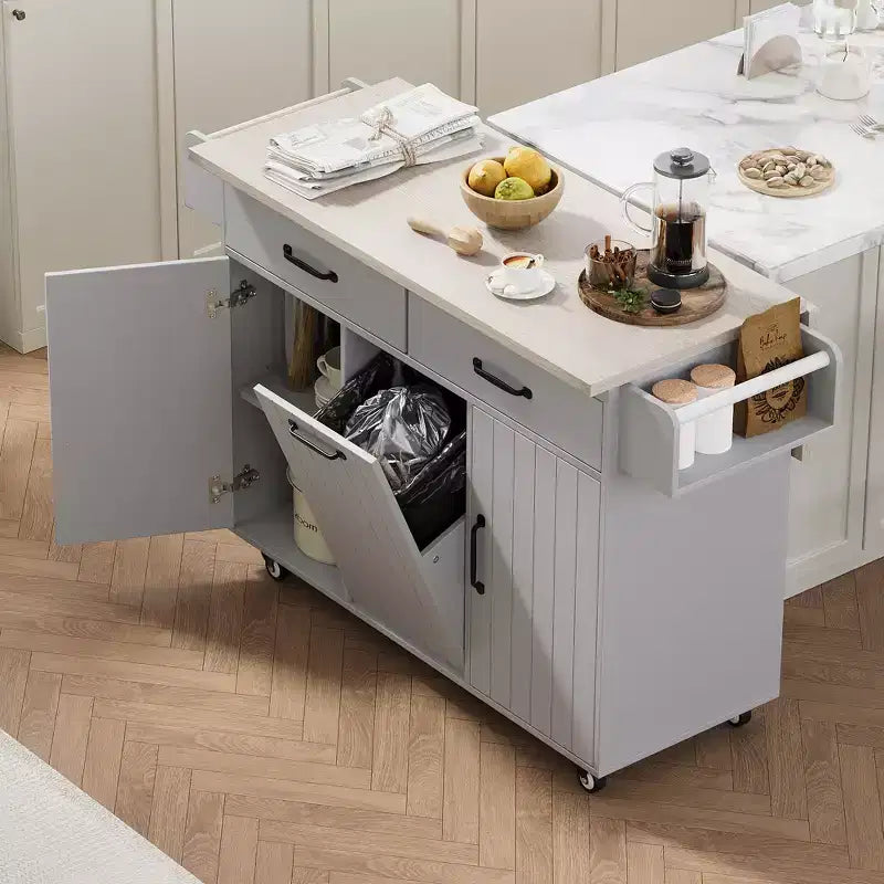 Rolling Kitchen Island with Trash Can Storage, Drop Leaf & Adjustable Shelf