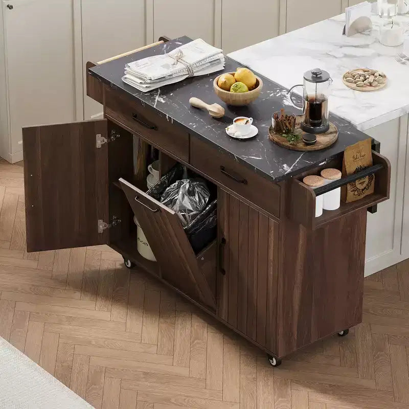 Rolling Kitchen Island with Trash Can Storage, Drop Leaf & Adjustable Shelf