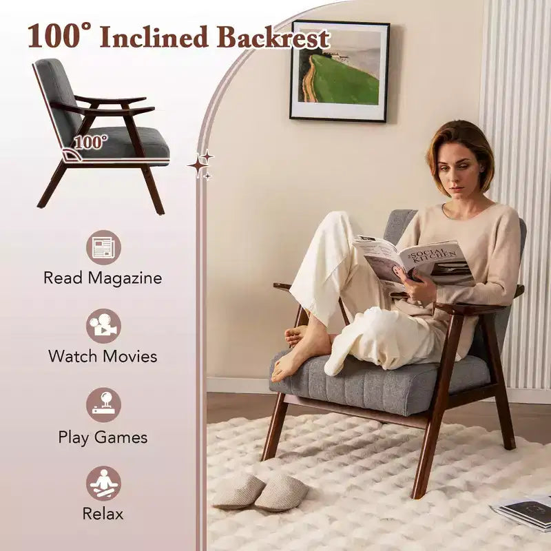 Modern Leathaire Accent Armchair with Rubberwood Frame & Felt Pads