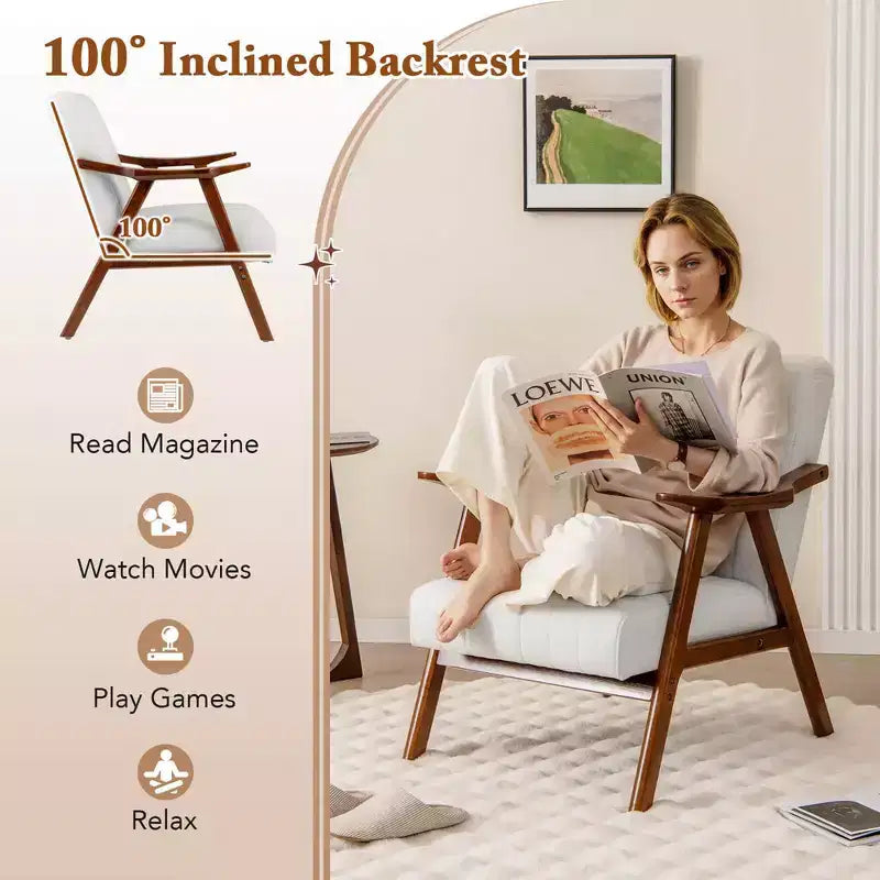 Modern Leathaire Accent Armchair with Rubberwood Frame & Felt Pads