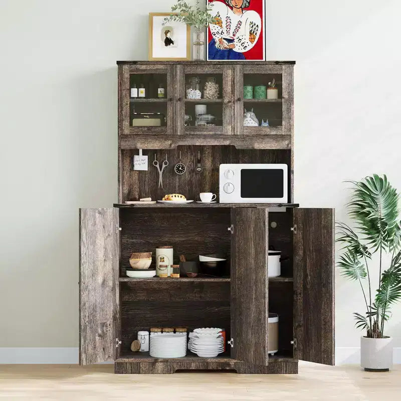 70" Freestanding Kitchen Pantry Cabinet with Acrylic Doors & Microwave Stand