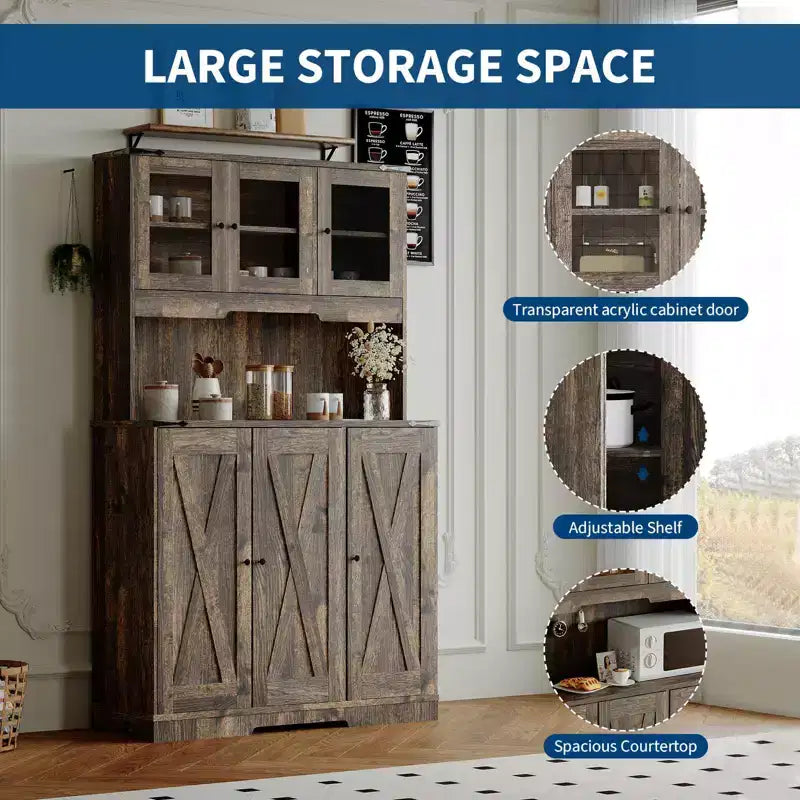 70" Freestanding Kitchen Pantry Cabinet with Acrylic Doors & Microwave Stand