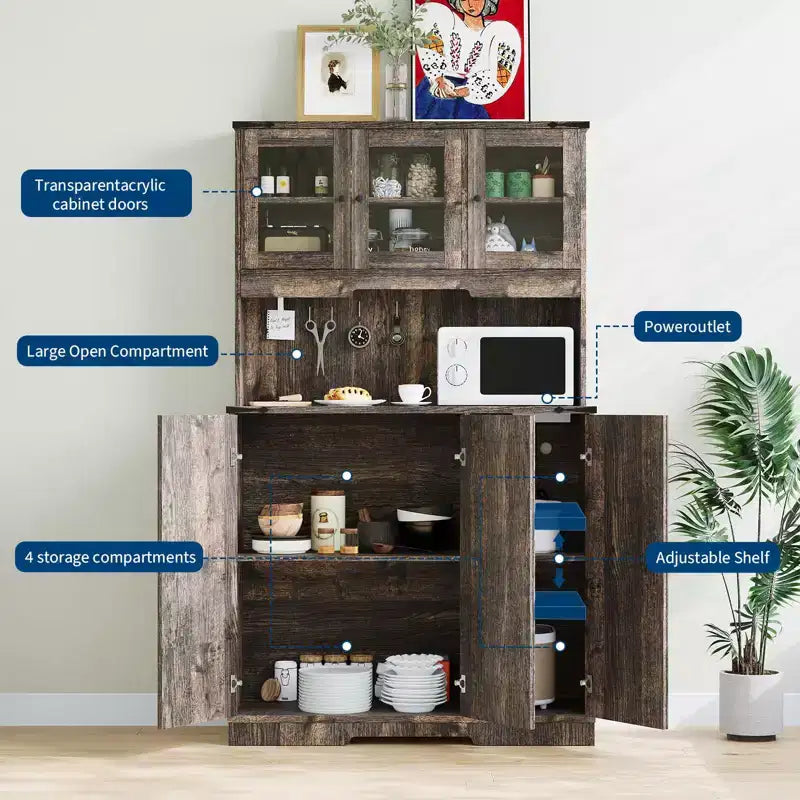 70" Freestanding Kitchen Pantry Cabinet with Acrylic Doors & Microwave Stand