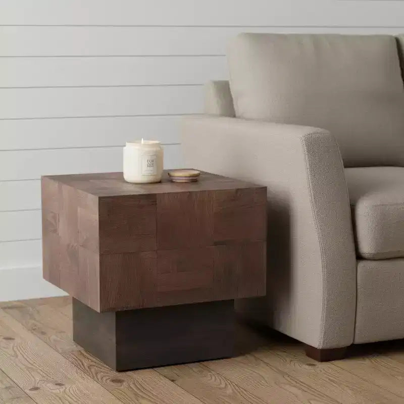 22" Gray Distressed Solid Mango Wood Square Block End Table