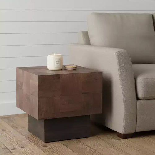 22" Gray Distressed Solid Mango Wood Square Block End Table