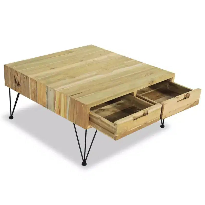 31.5" Square Solid Recycled Teak Coffee Table with 2 Drawers