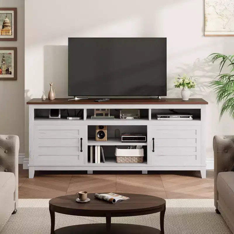 70.9" Farmhouse TV Stand with Adjustable Shelves & Cabinet Doors for 75" TVs