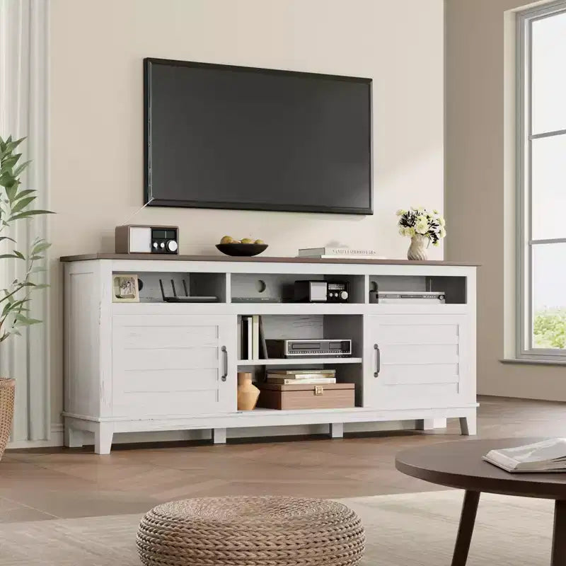 70.9" Farmhouse TV Stand with Adjustable Shelves & Cabinet Doors for 75" TVs