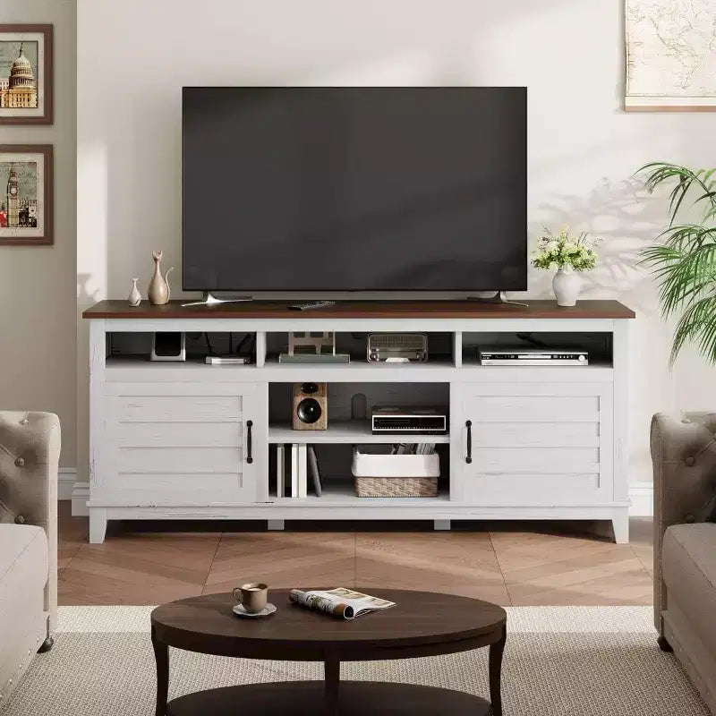 70.9" Farmhouse TV Stand with Adjustable Shelves & Cabinet Doors for 75" TVs
