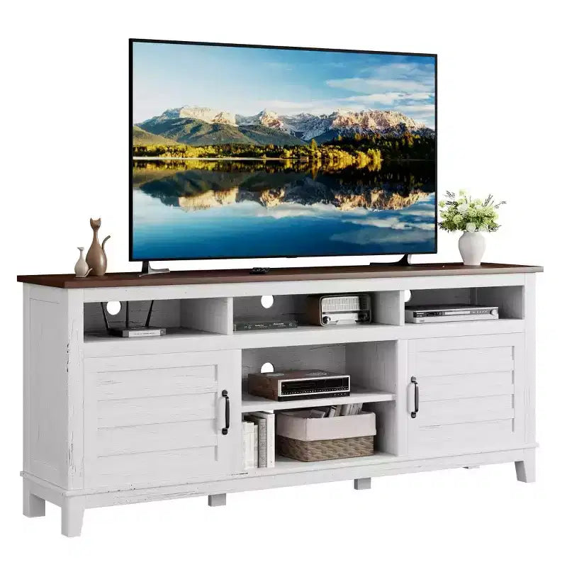70.9" Farmhouse TV Stand with Adjustable Shelves & Cabinet Doors for 75" TVs