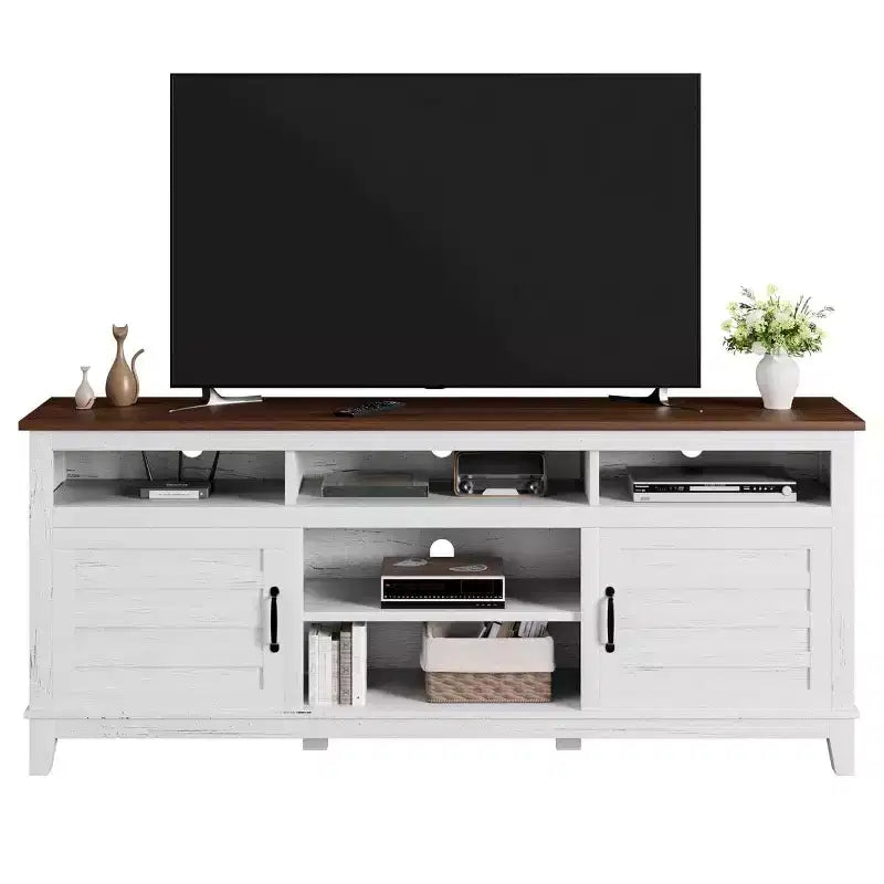 70.9" Farmhouse TV Stand with Adjustable Shelves & Cabinet Doors for 75" TVs