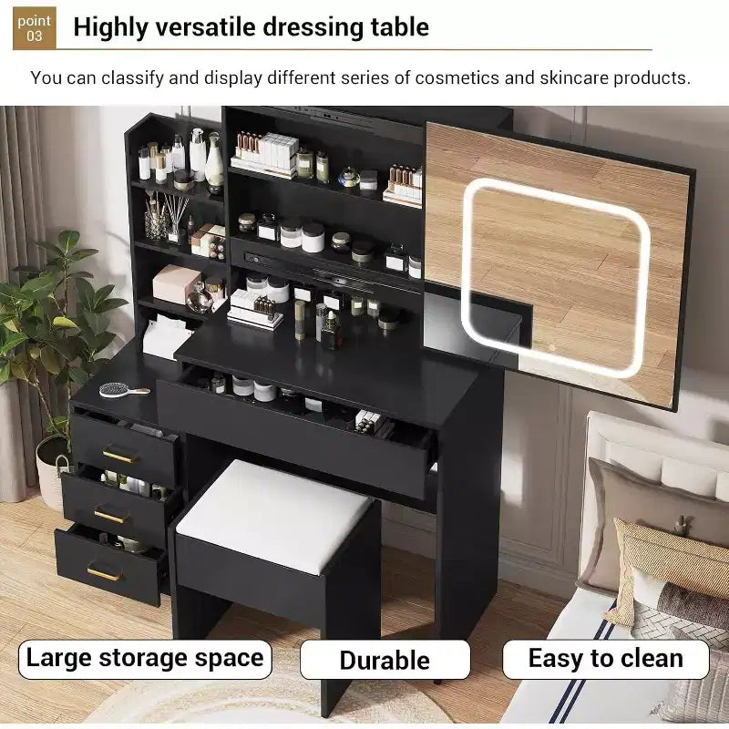 Black Sliding Mirror Vanity Desk with Adjustable Lighting, Power Outlet & 4 Drawers