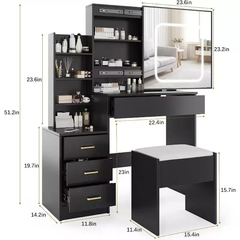 Black Sliding Mirror Vanity Desk with Adjustable Lighting, Power Outlet & 4 Drawers