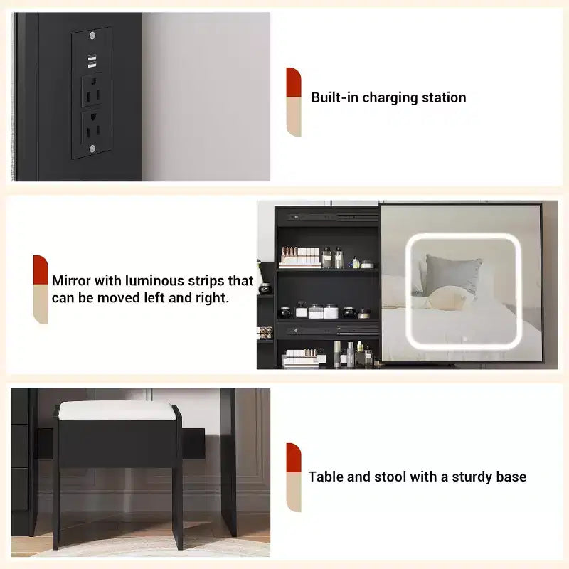 Black Sliding Mirror Vanity Desk with Adjustable Lighting, Power Outlet & 4 Drawers