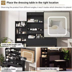 Black Sliding Mirror Vanity Desk with Adjustable Lighting, Power Outlet & 4 Drawers