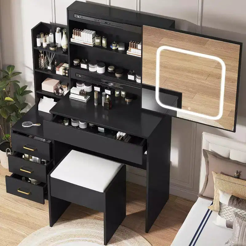 Black Sliding Mirror Vanity Desk with Adjustable Lighting, Power Outlet & 4 Drawers