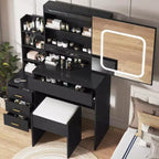 Black Sliding Mirror Vanity Desk with Adjustable Lighting, Power Outlet & 4 Drawers