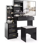 Black Sliding Mirror Vanity Desk with Adjustable Lighting, Power Outlet & 4 Drawers
