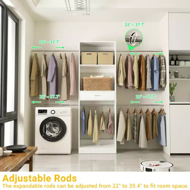 8FT Closet Organizer System with Extendable Hanging Rod & Drawer, MDF