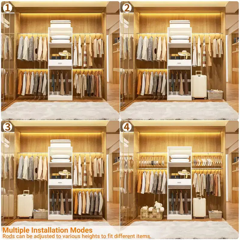 8FT Closet Organizer System with Extendable Hanging Rod & Drawer, MDF