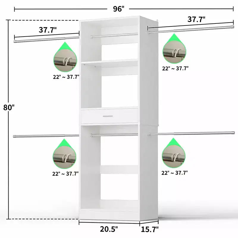 8FT Closet Organizer System with Extendable Hanging Rod & Drawer, MDF