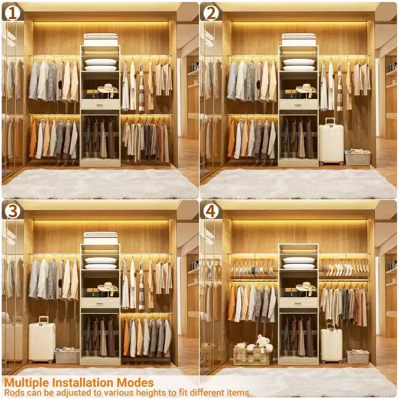 8FT Closet Organizer System with Extendable Hanging Rod & Drawer, MDF