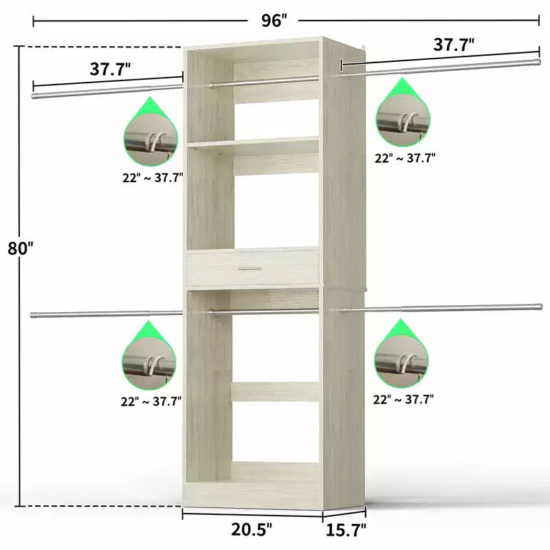 8FT Closet Organizer System with Extendable Hanging Rod & Drawer, MDF