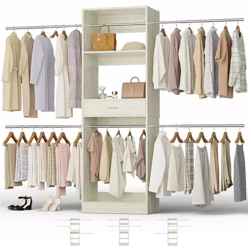 8FT Closet Organizer System with Extendable Hanging Rod & Drawer, MDF