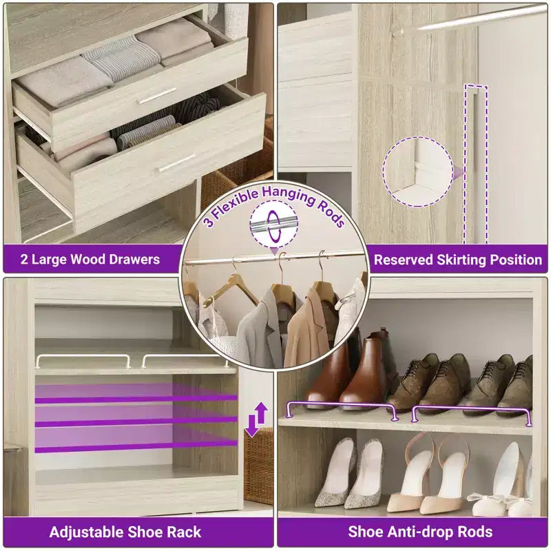 8FT Closet Organizer System with Extendable Hanging Rod & Drawer, MDF