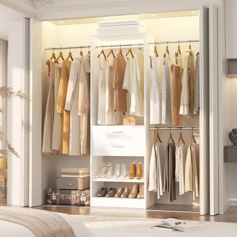 8FT Closet Organizer System with Extendable Hanging Rod & Drawer, MDF